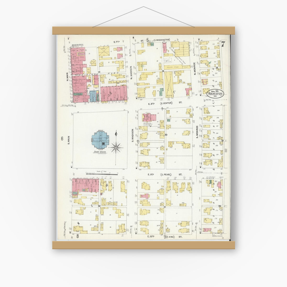 Old map wall art mockup — magnetic wood frame on white wall — Sanborn Fire Insurance Map from Rochester, Fulton County, Indiana (1907), Sheet #0007