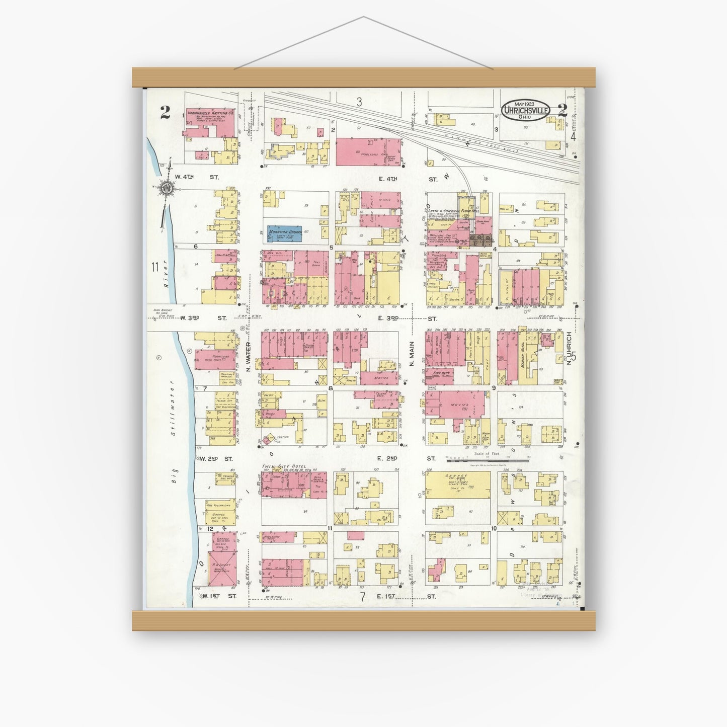 Old map wall art mockup — magnetic wood frame on white wall — Sanborn Fire Insurance Map from Uhrichsville, Tuscarawas County, Ohio (1923), Sheet #0002