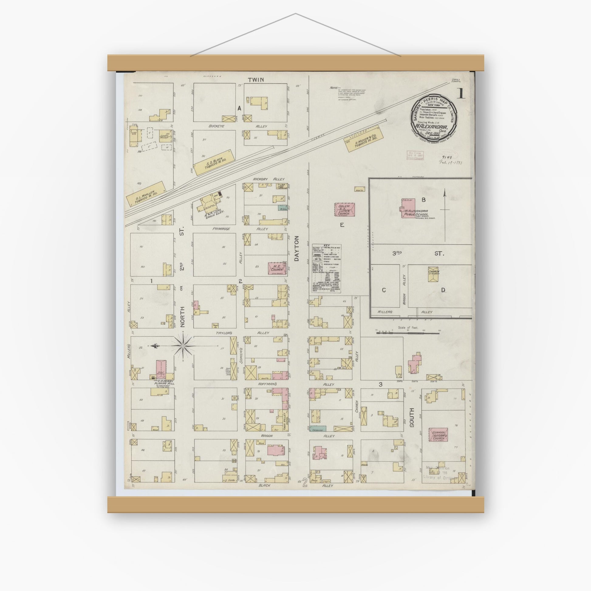 Old map wall art mockup — magnetic wood frame on white wall — Sanborn Fire Insurance Map from West Alexandria, Preble County, Ohio (1892) - Complete Map Set