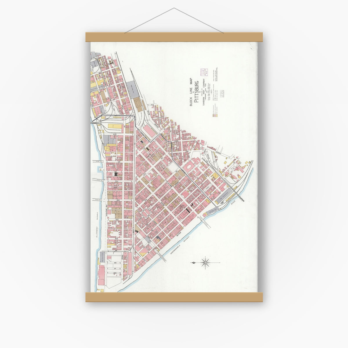 Old map wall art mockup — magnetic wood frame on white wall — Sanborn Fire Insurance Map from Pittsburgh, Allegheny County, Pennsylvania (1904), Sheet #0001