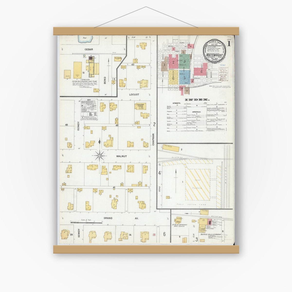 Old map wall art mockup — magnetic wood frame on white wall — Sanborn Fire Insurance Map from Whitewright, Grayson County, Texas (1900), Sheet #0001
