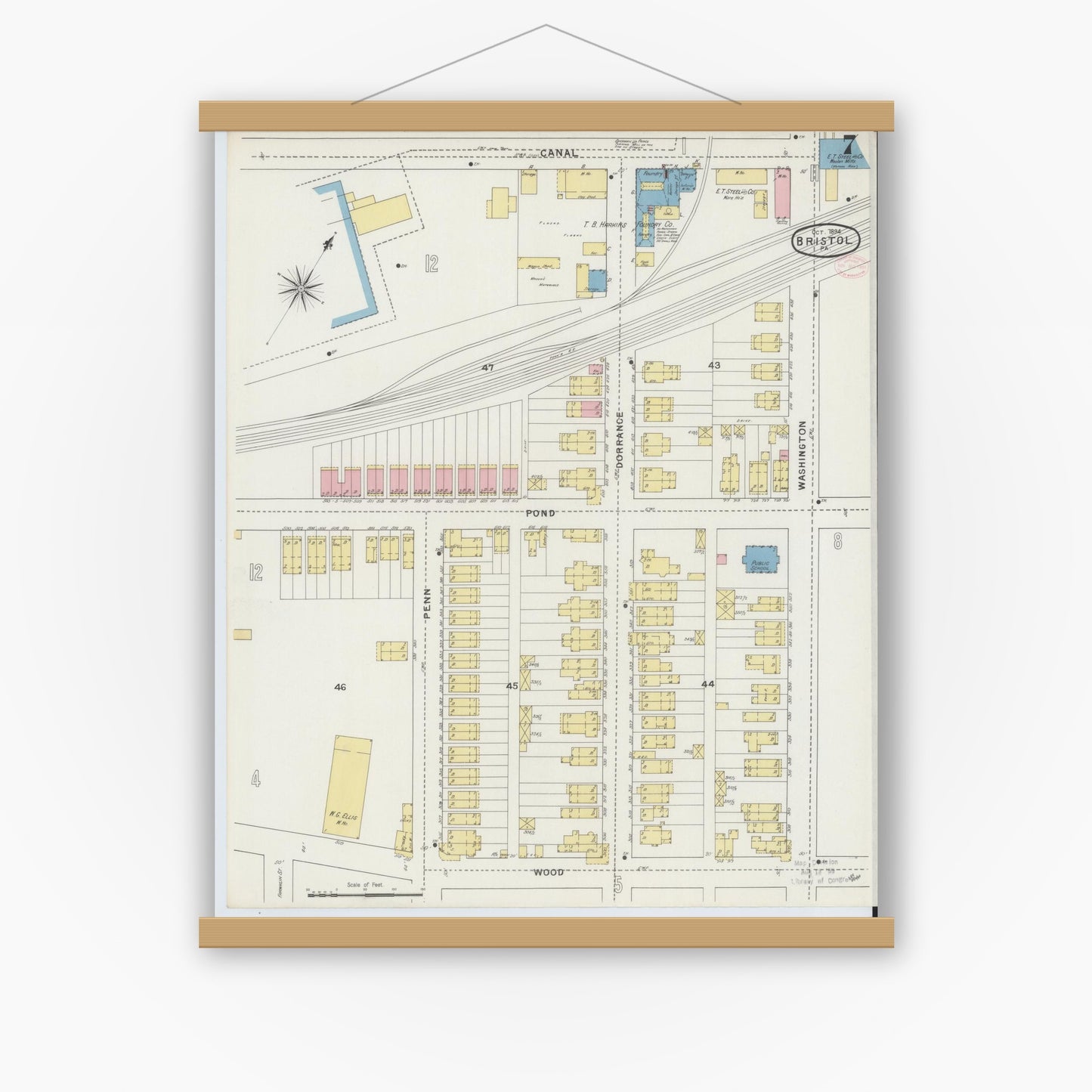Old map wall art mockup — magnetic wood frame on white wall — Sanborn Fire Insurance Map from Bristol, Bucks County, Pennsylvania (1894), Sheet #0007