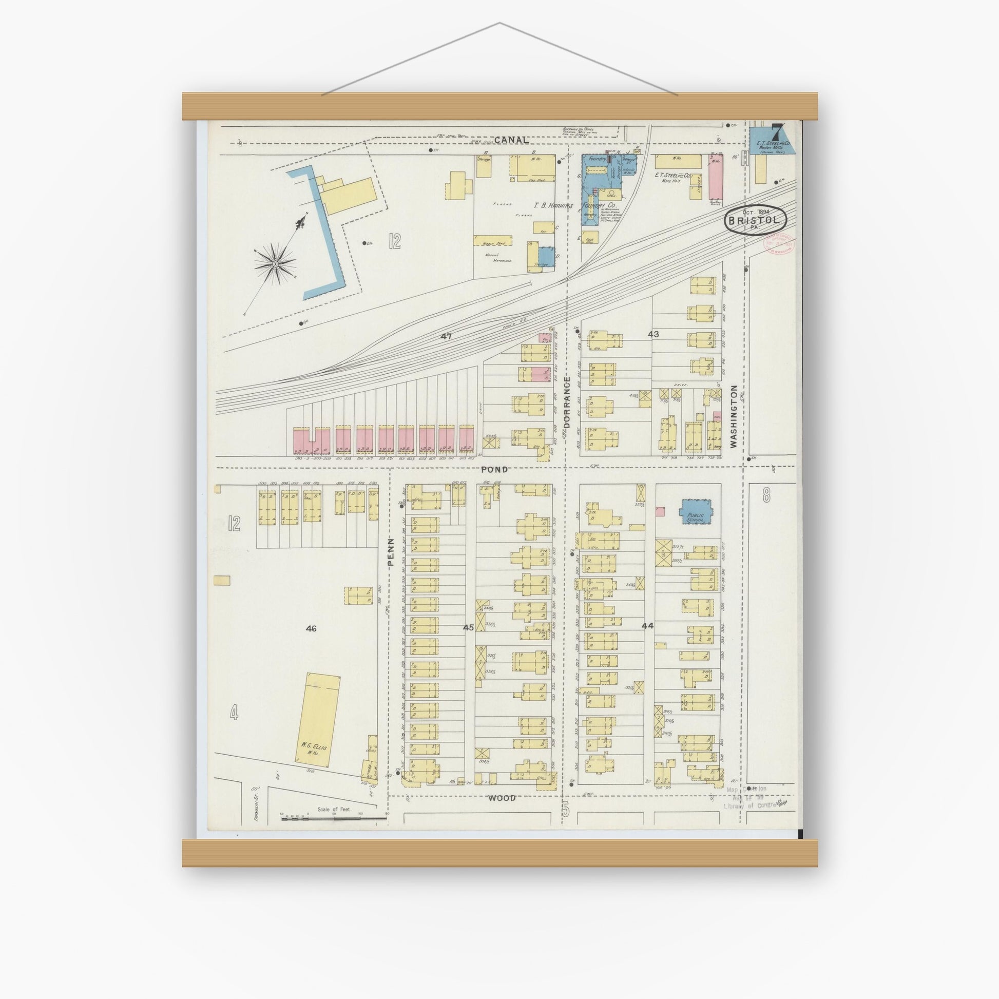 Old map wall art mockup — magnetic wood frame on white wall — Sanborn Fire Insurance Map from Bristol, Bucks County, Pennsylvania (1894), Sheet #0007