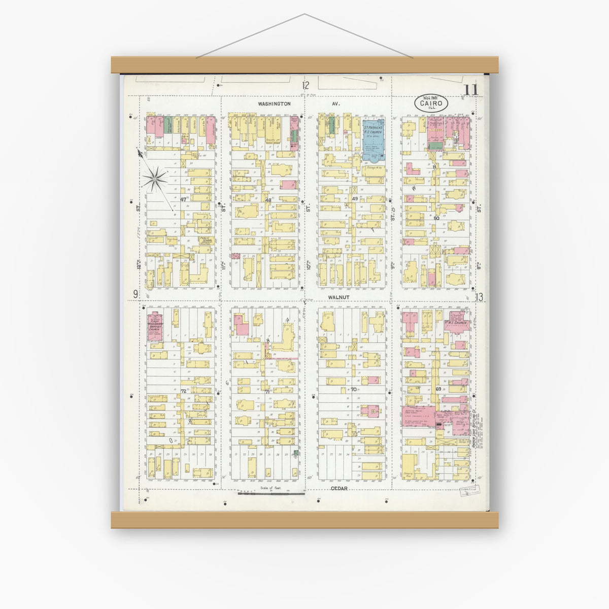 Old map wall art mockup — magnetic wood frame on white wall — Sanborn Fire Insurance Map from Cairo, Alexander County, Illinois (1901), Sheet #0011