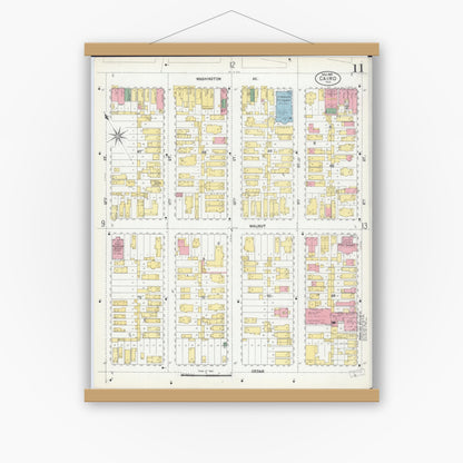 Old map wall art mockup — magnetic wood frame on white wall — Sanborn Fire Insurance Map from Cairo, Alexander County, Illinois (1901), Sheet #0011