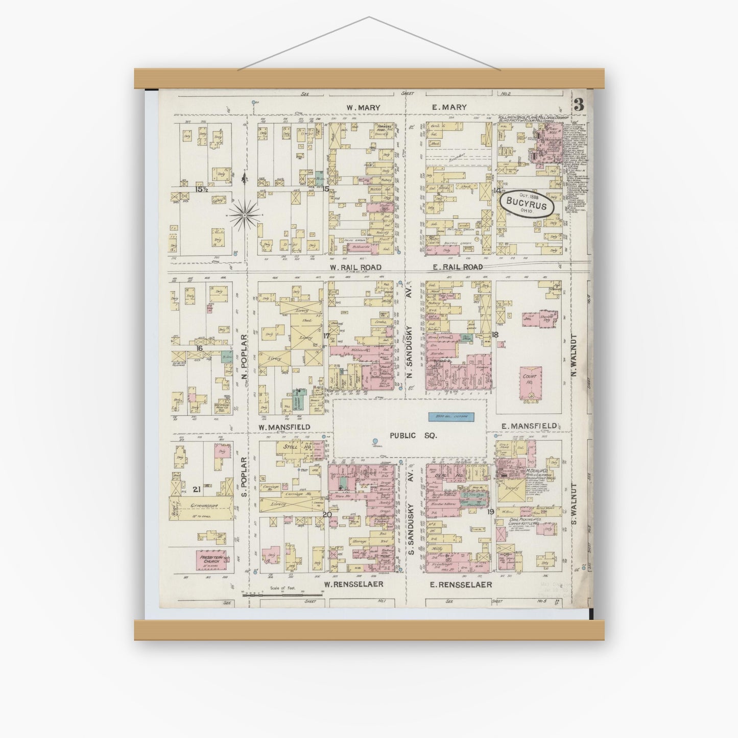 Old map wall art mockup — magnetic wood frame on white wall — Sanborn Fire Insurance Map from Bucyrus, Crawford County, Ohio (1888), Sheet #0003