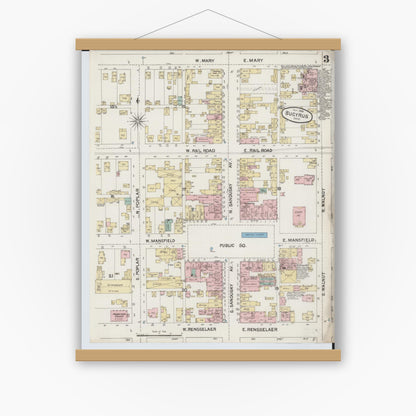 Old map wall art mockup — magnetic wood frame on white wall — Sanborn Fire Insurance Map from Bucyrus, Crawford County, Ohio (1888), Sheet #0003