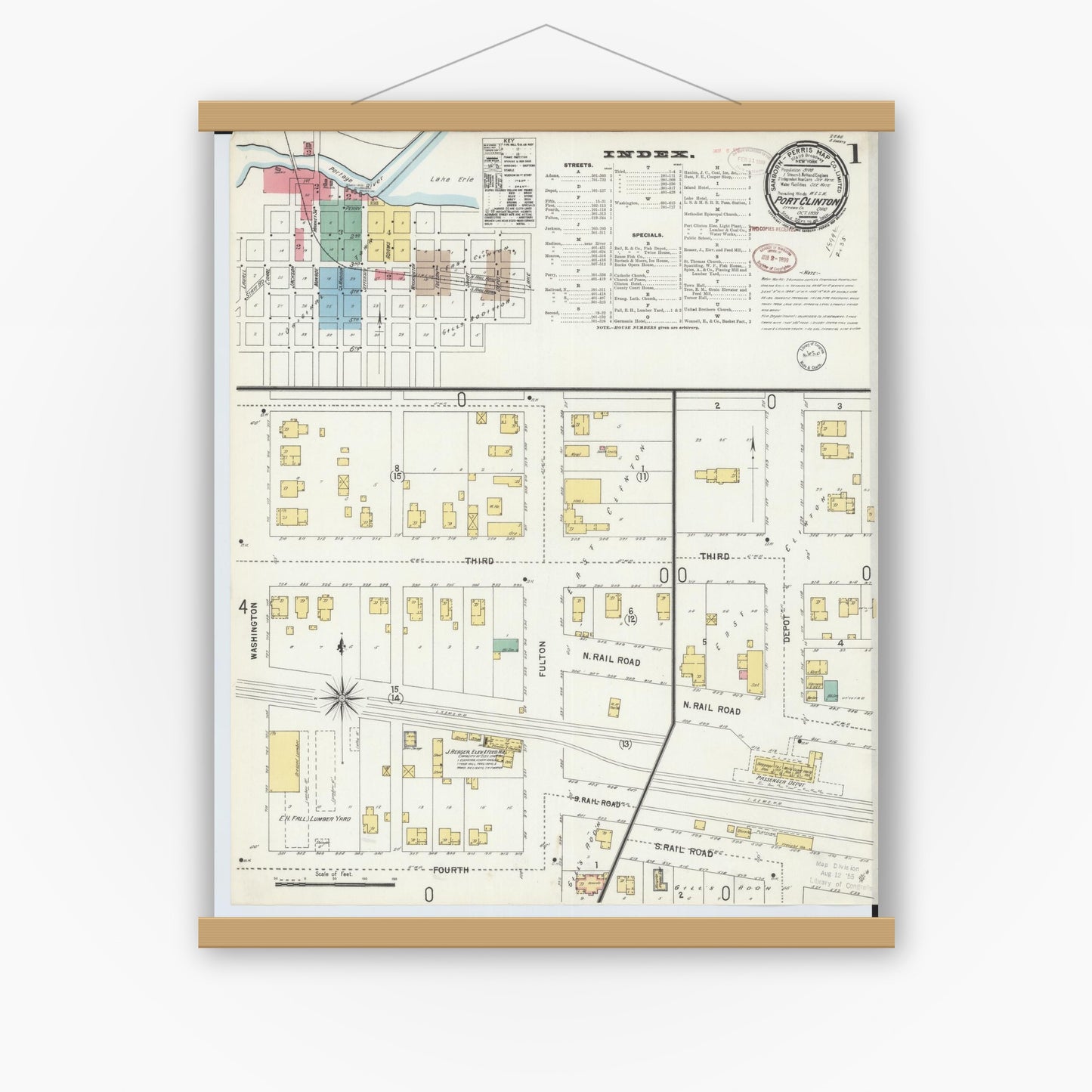Old map wall art mockup — magnetic wood frame on white wall — Sanborn Fire Insurance Map from Port Clinton, Ottawa County, Ohio (1898) - Complete Map Set