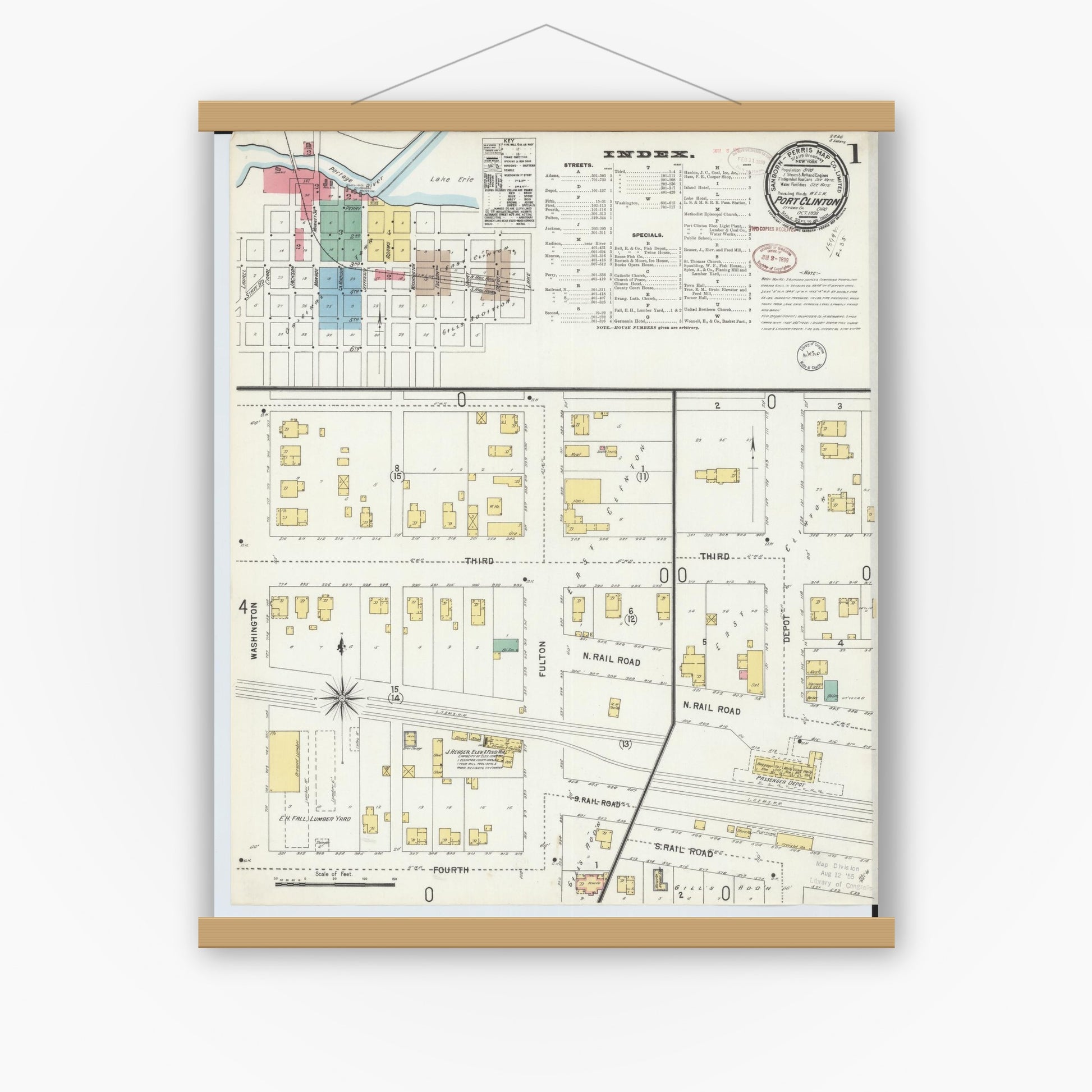 Old map wall art mockup — magnetic wood frame on white wall — Sanborn Fire Insurance Map from Port Clinton, Ottawa County, Ohio (1898) - Complete Map Set