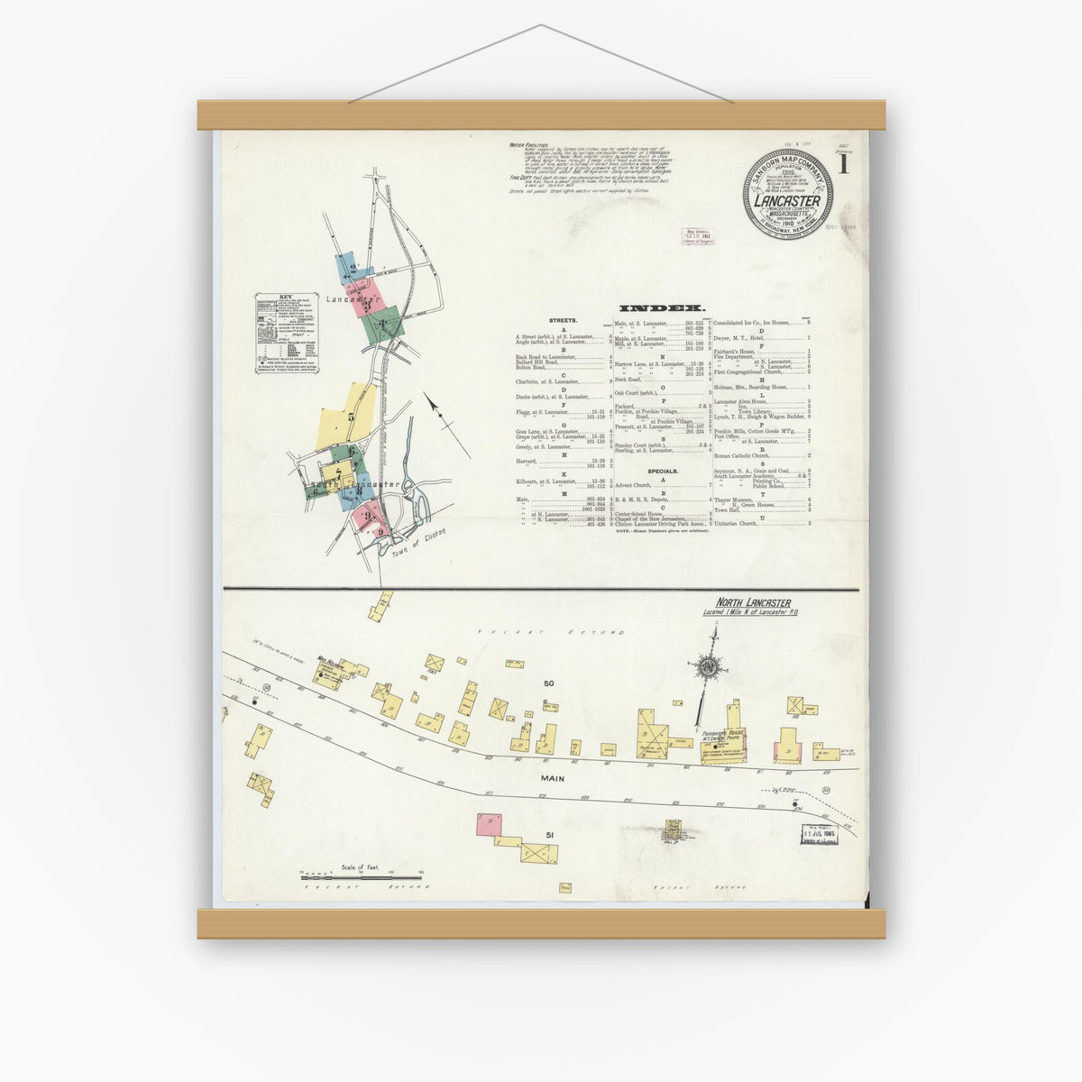 Old map wall art mockup — magnetic wood frame on white wall — Sanborn Fire Insurance Map from Lancaster, Worcester County, Massachusetts (1910) - Complete Map Set