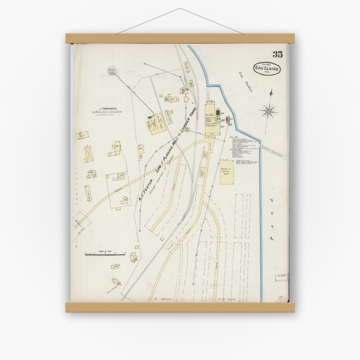 Old map wall art mockup — magnetic wood frame on white wall — Sanborn Fire Insurance Map from Eau Claire, Eau Claire County, Wisconsin (1889), Sheet #0035