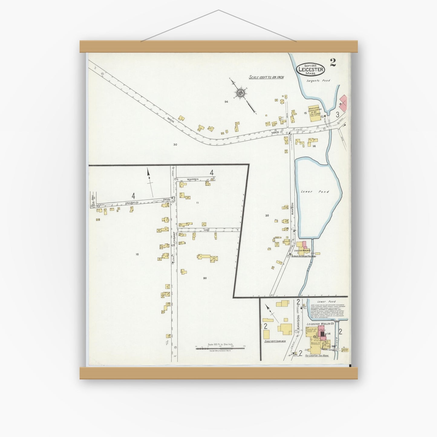 Old map wall art mockup — magnetic wood frame on white wall — Sanborn Fire Insurance Map from Leicester, Worcester County, Massachusetts (1918), Sheet #0002