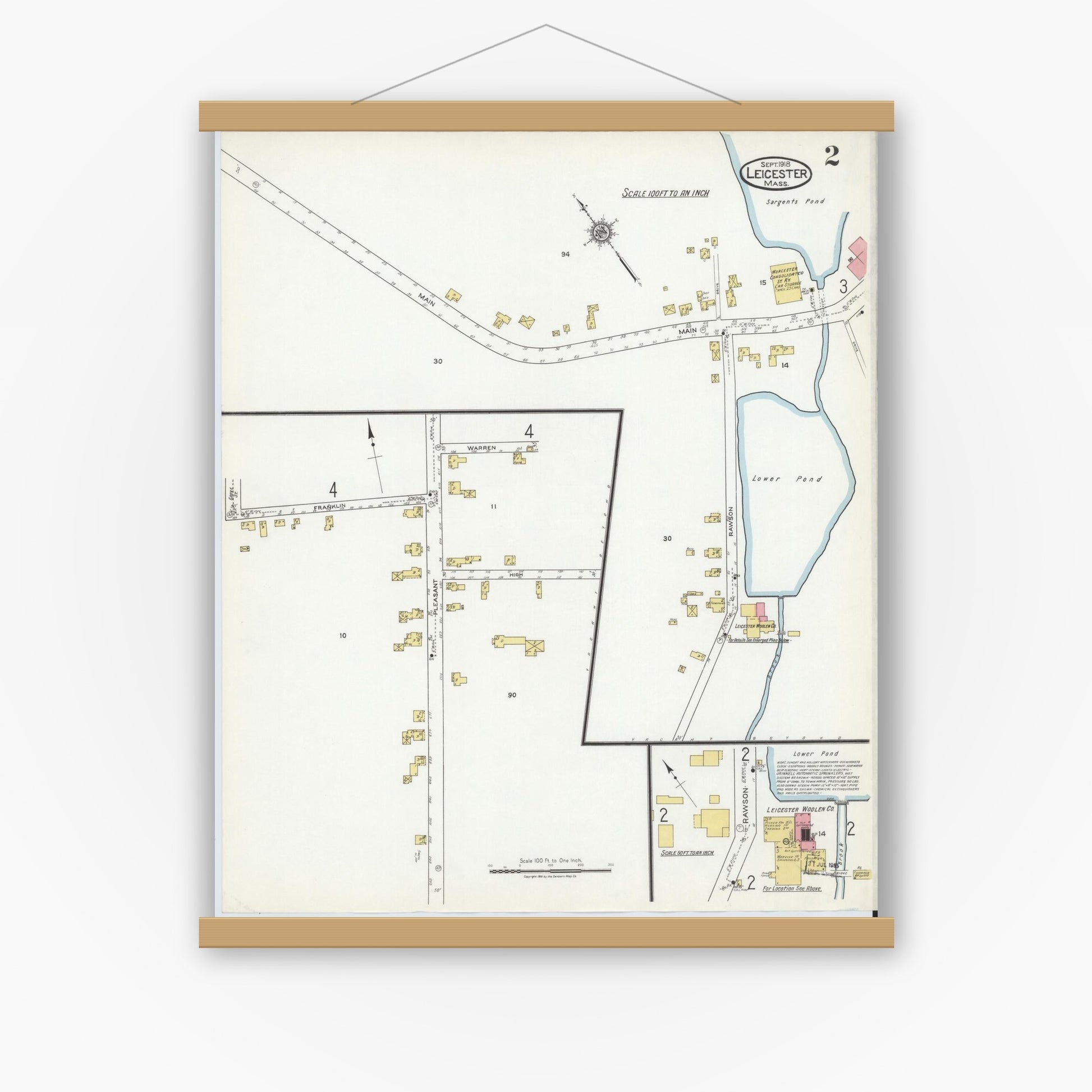 Old map wall art mockup — magnetic wood frame on white wall — Sanborn Fire Insurance Map from Leicester, Worcester County, Massachusetts (1918), Sheet #0002