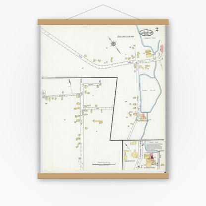 Old map wall art mockup — magnetic wood frame on white wall — Sanborn Fire Insurance Map from Leicester, Worcester County, Massachusetts (1918), Sheet #0002