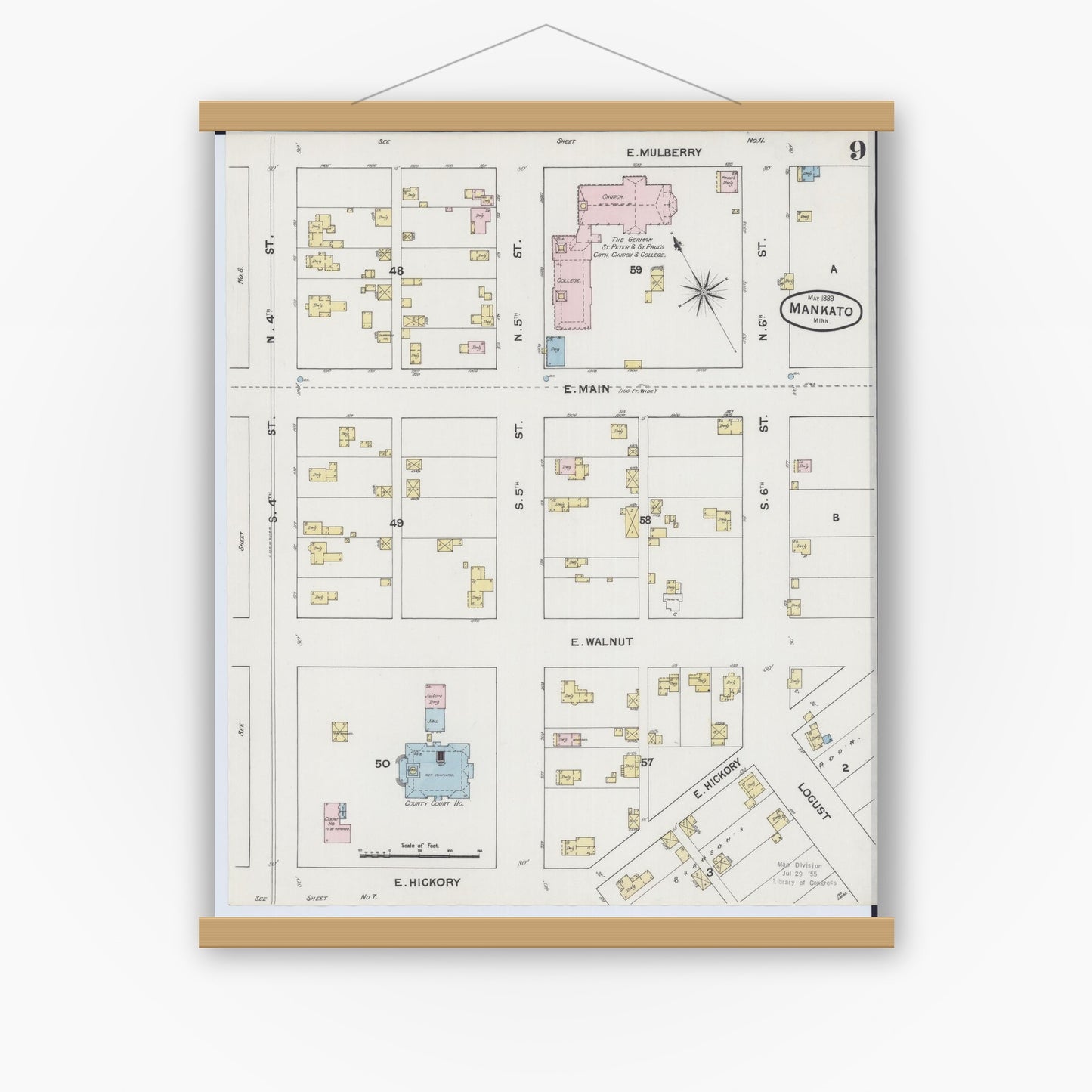 Old map wall art mockup — magnetic wood frame on white wall — Sanborn Fire Insurance Map from Mankato, Blue Earth County, Minnesota (1889), Sheet #0009