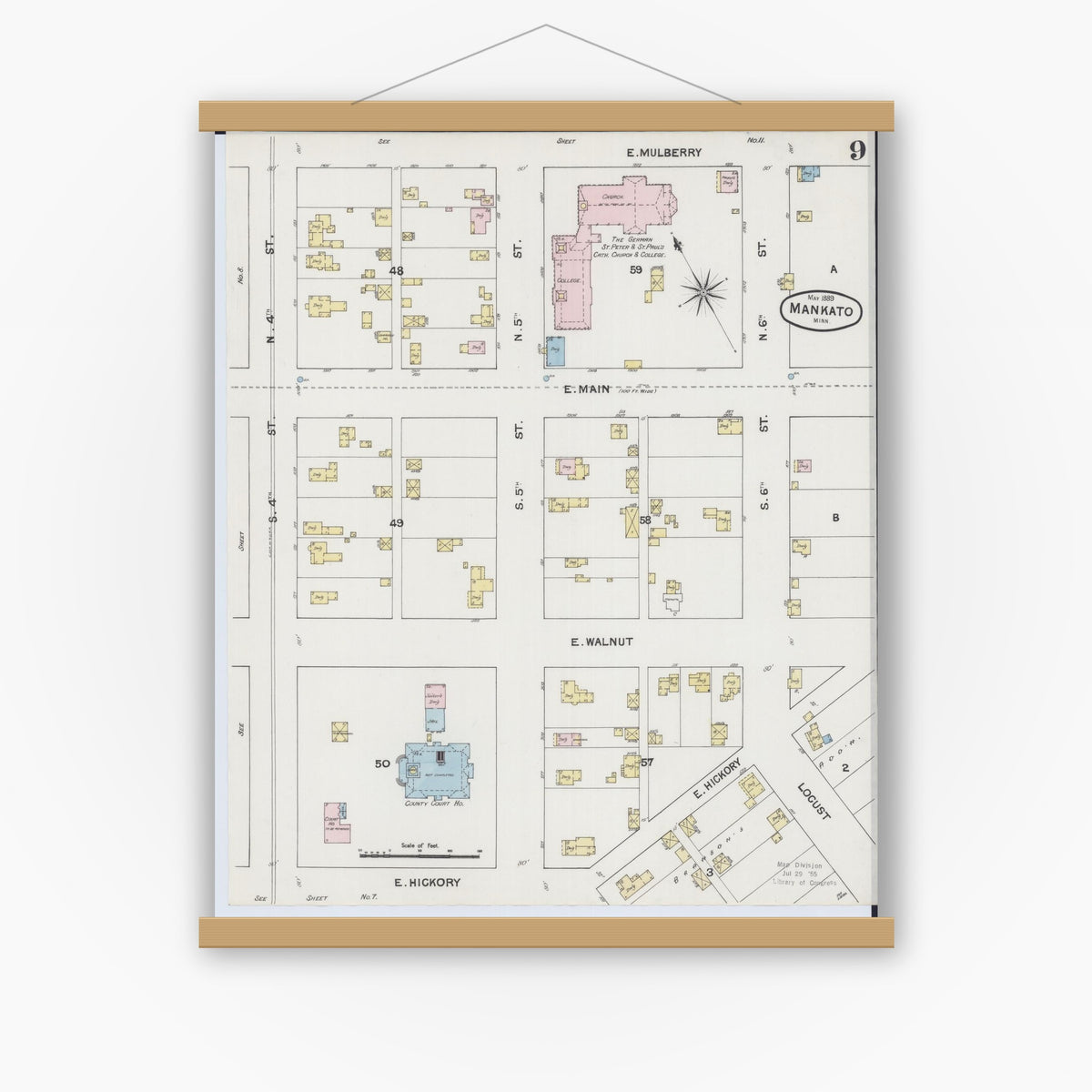 Old map wall art mockup — magnetic wood frame on white wall — Sanborn Fire Insurance Map from Mankato, Blue Earth County, Minnesota (1889), Sheet #0009