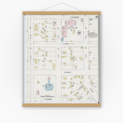 Old map wall art mockup — magnetic wood frame on white wall — Sanborn Fire Insurance Map from Mankato, Blue Earth County, Minnesota (1889), Sheet #0009