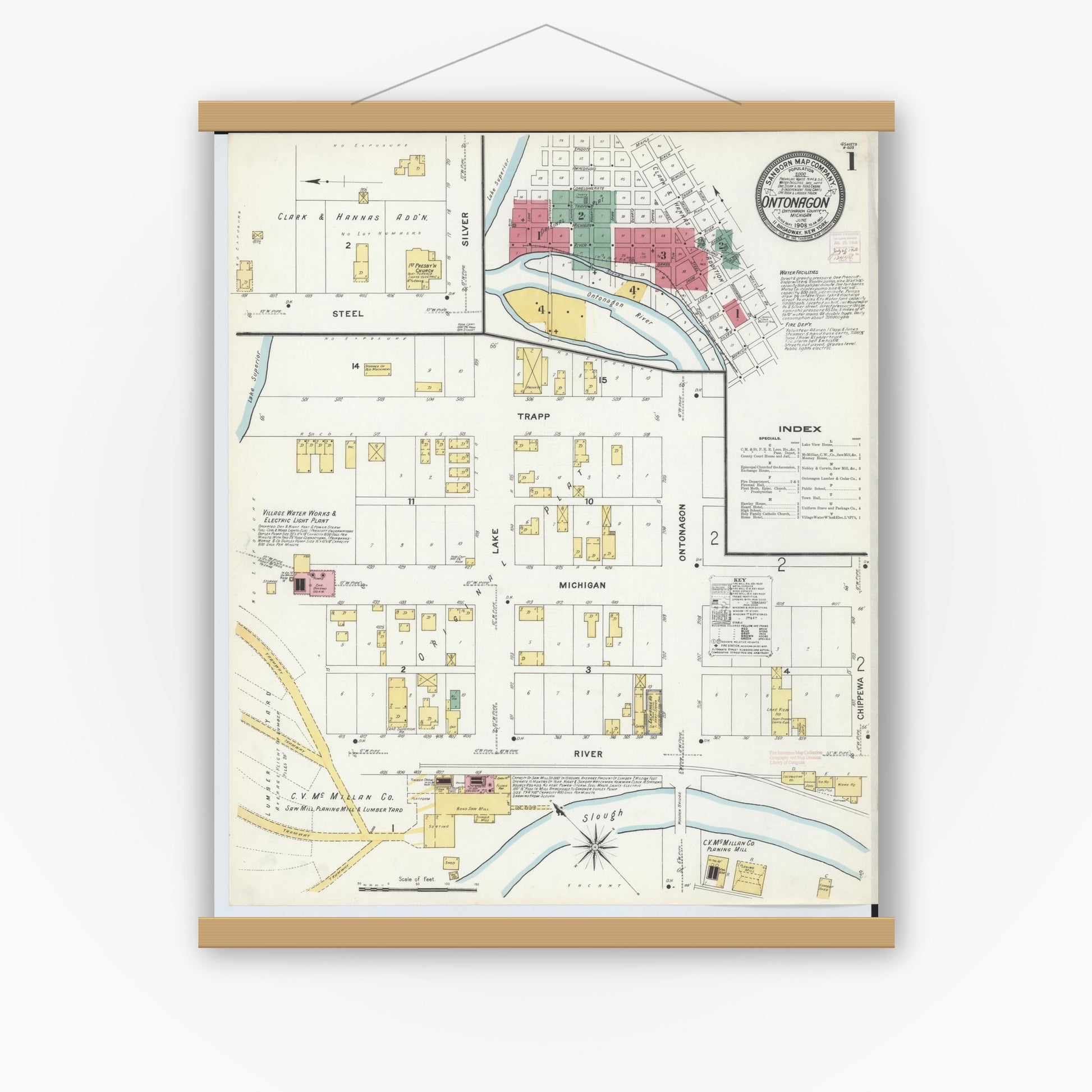 Old map wall art mockup — magnetic wood frame on white wall — Sanborn Fire Insurance Map from Ontonagon, Ontonagon County, Michigan (1908) - Complete Map Set