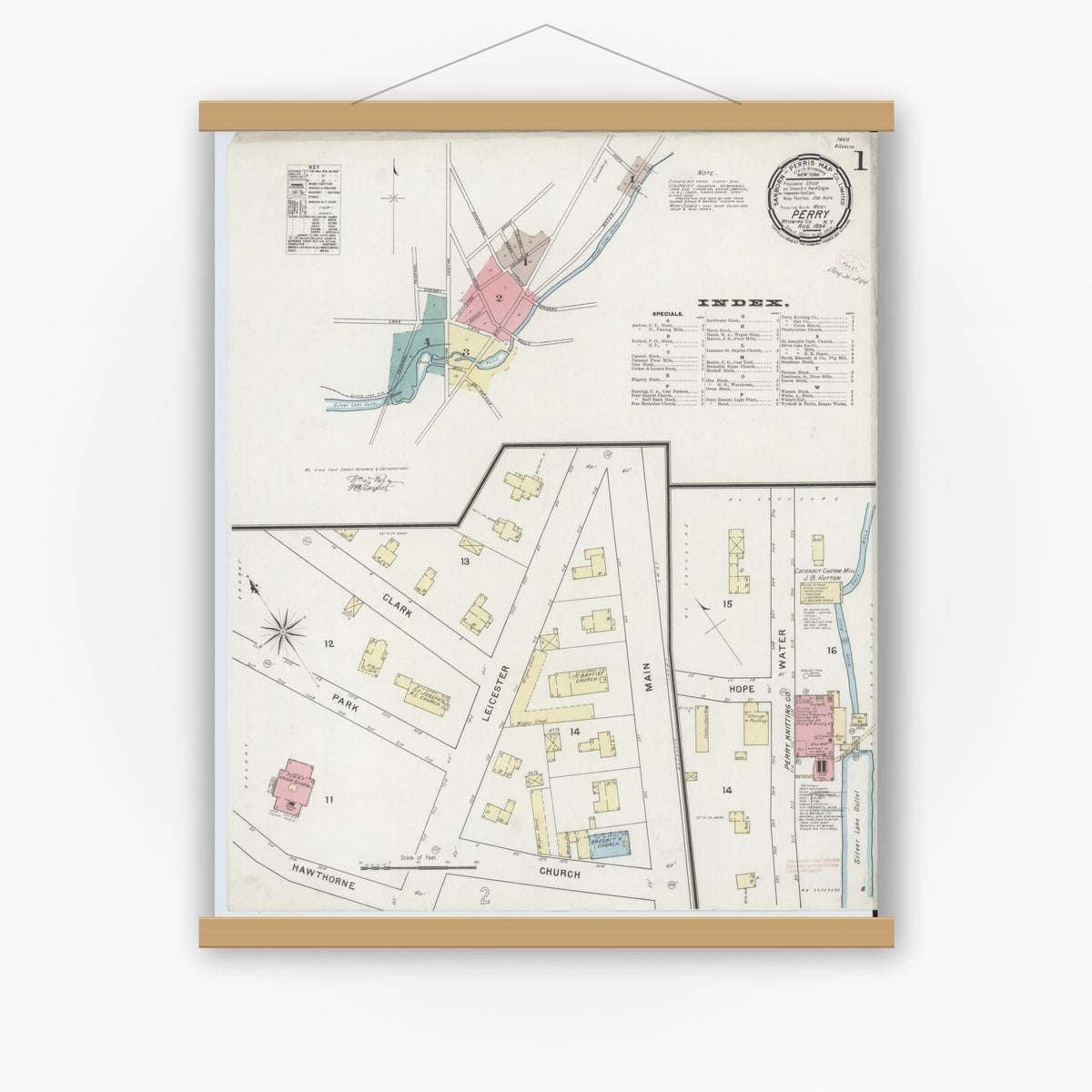Old map wall art mockup — magnetic wood frame on white wall — Sanborn Fire Insurance Map from Perry, Wyoming County, New York (1894), Sheet #0001