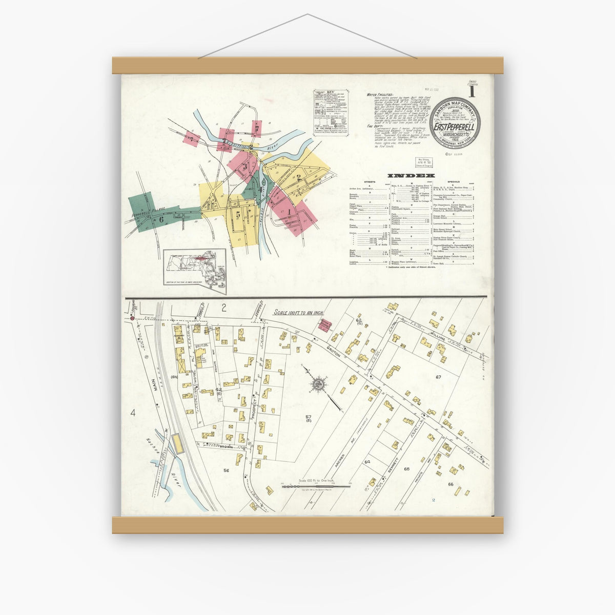 Old map wall art mockup — magnetic wood frame on white wall — Sanborn Fire Insurance Map from East Pepperell, Middlesex County, Massachusetts (1922), Sheet #0001