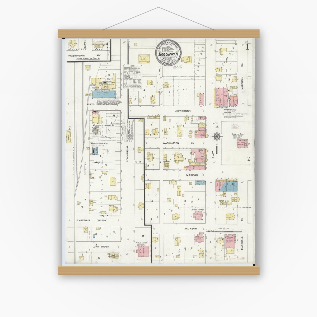 Old map wall art mockup — magnetic wood frame on white wall — Sanborn Fire Insurance Map from Marshfield, Webster County, Missouri (1910) - Complete Map Set