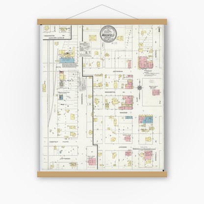 Old map wall art mockup — magnetic wood frame on white wall — Sanborn Fire Insurance Map from Marshfield, Webster County, Missouri (1910) - Complete Map Set