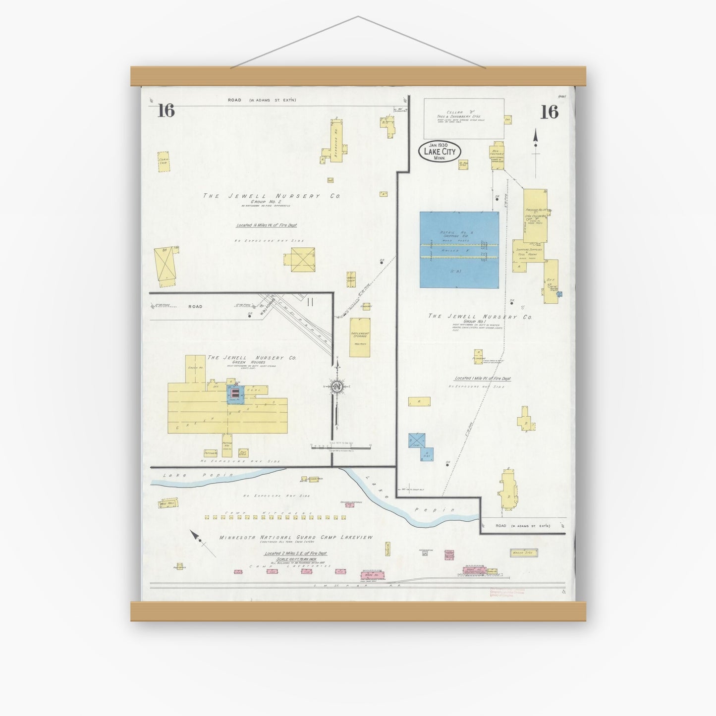 Old map wall art mockup — magnetic wood frame on white wall — Sanborn Fire Insurance Map from Lake City, Wabasha County, Minnesota (1930), Sheet #0016