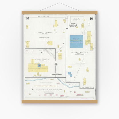 Old map wall art mockup — magnetic wood frame on white wall — Sanborn Fire Insurance Map from Lake City, Wabasha County, Minnesota (1930), Sheet #0016