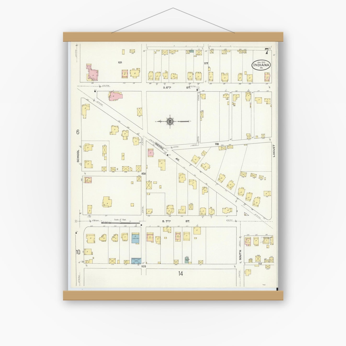 Old map wall art mockup — magnetic wood frame on white wall — Sanborn Fire Insurance Map from Indiana, Indiana County, Pennsylvania (1910), Sheet #0007