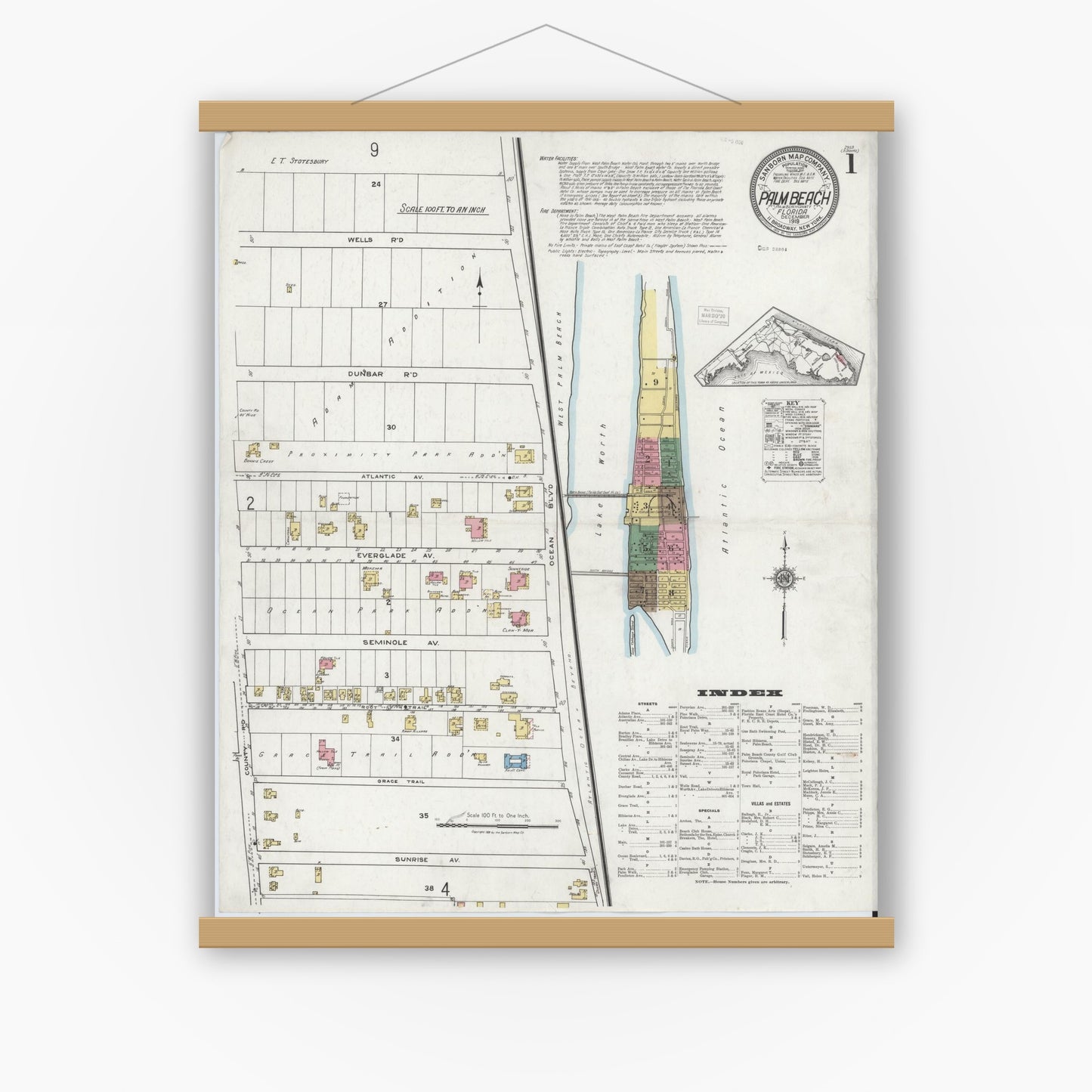 Old map wall art mockup — magnetic wood frame on white wall — Sanborn Fire Insurance Map from Palm Beach, Palm Beach County, Florida (1919) - Complete Map Set