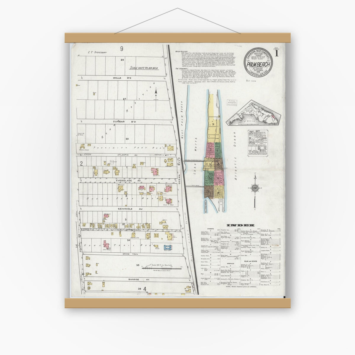 Old map wall art mockup — magnetic wood frame on white wall — Sanborn Fire Insurance Map from Palm Beach, Palm Beach County, Florida (1919) - Complete Map Set
