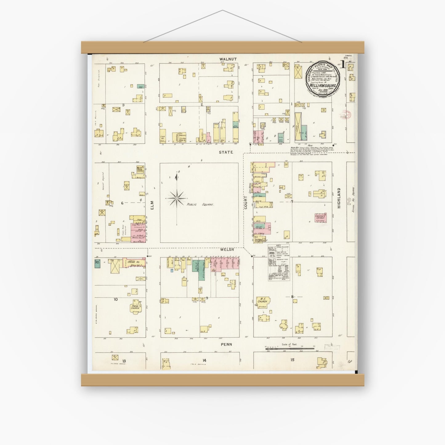 Old map wall art mockup — magnetic wood frame on white wall — Sanborn Fire Insurance Map from Williamsburg, Iowa County, Iowa (1895) â€” Complete Set