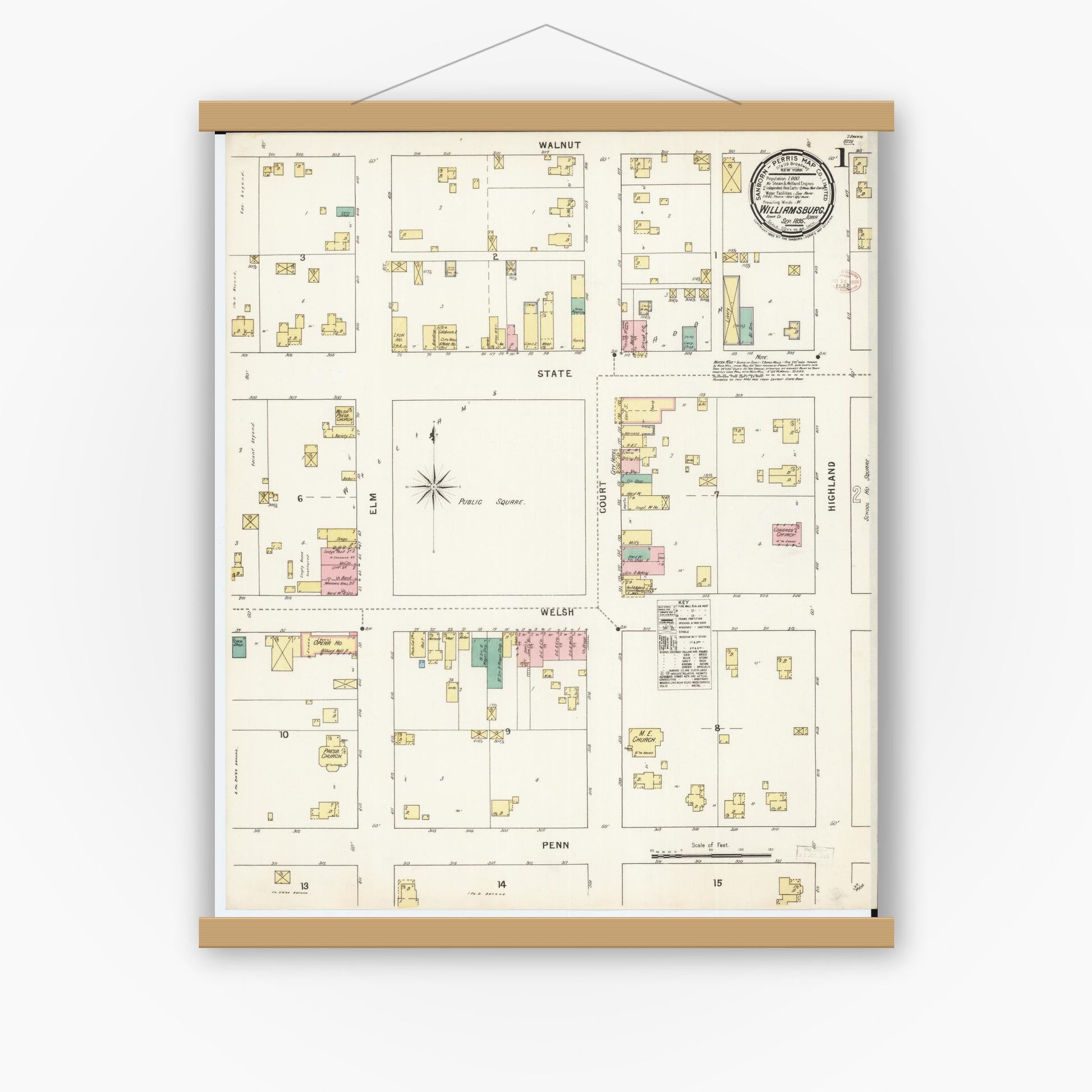 Old map wall art mockup — magnetic wood frame on white wall — Sanborn Fire Insurance Map from Williamsburg, Iowa County, Iowa (1895) â€” Complete Set