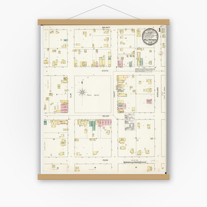 Old map wall art mockup — magnetic wood frame on white wall — Sanborn Fire Insurance Map from Williamsburg, Iowa County, Iowa (1895) â€” Complete Set
