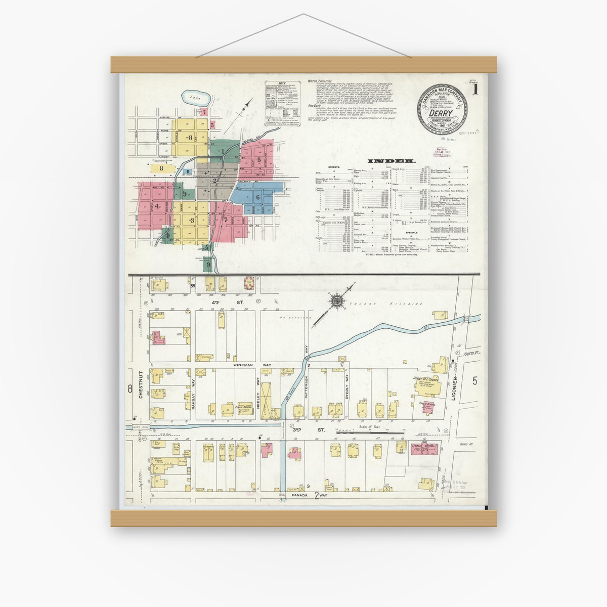 Old map wall art mockup — magnetic wood frame on white wall — Sanborn Fire Insurance Map from Derry, Westmoreland County, Pennsylvania (1911) - Complete Map Set