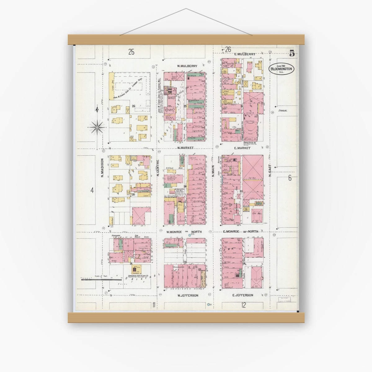 Old map wall art mockup — magnetic wood frame on white wall — Sanborn Fire Insurance Map from Bloomington, McLean County, Illinois (1901), Sheet #0005