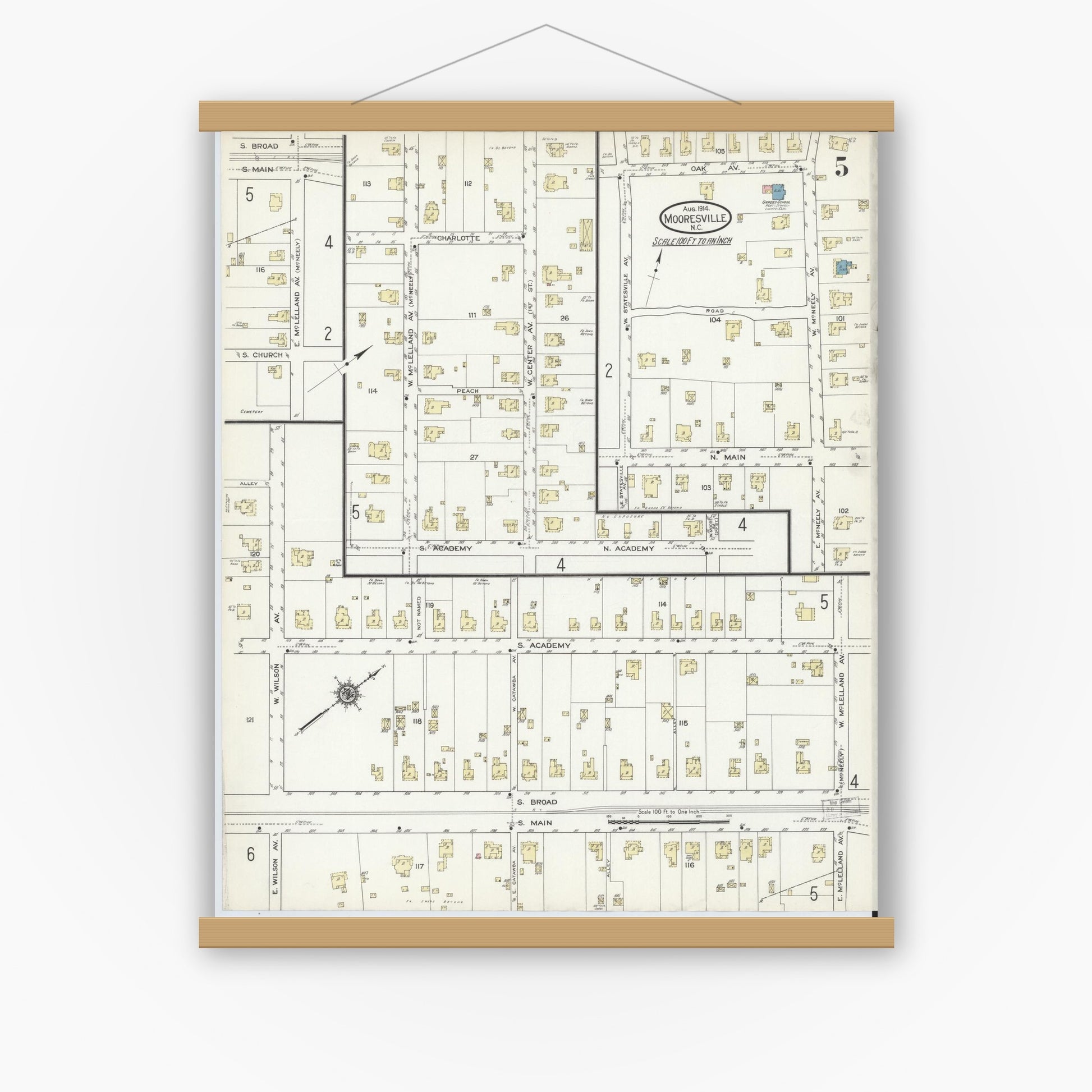 Old map wall art mockup — magnetic wood frame on white wall — Sanborn Fire Insurance Map from Mooresville, Iredell County, North Carolina (1914), Sheet #0005