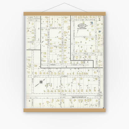 Old map wall art mockup — magnetic wood frame on white wall — Sanborn Fire Insurance Map from Mooresville, Iredell County, North Carolina (1914), Sheet #0005