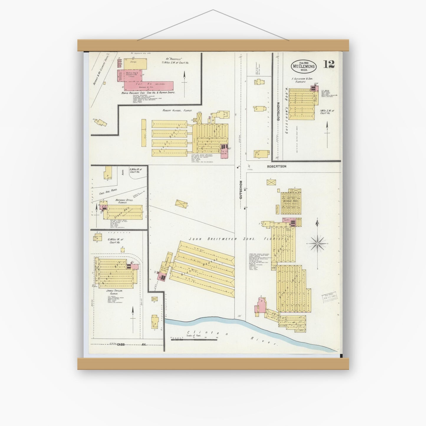 Old map wall art mockup — magnetic wood frame on white wall — Sanborn Fire Insurance Map from Mount Clemens, Macomb County, Michigan (1903), Sheet #0012