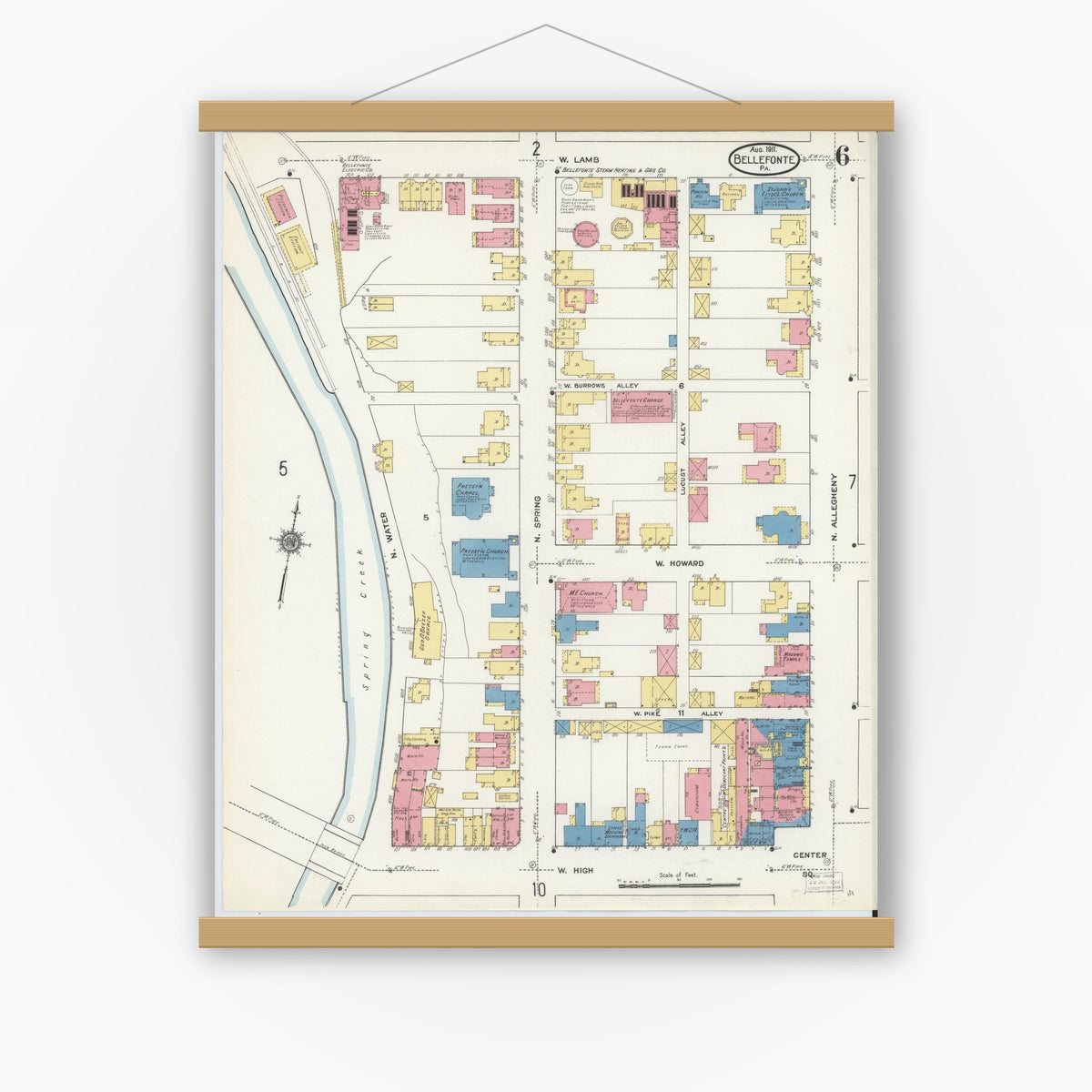 Old map wall art mockup — magnetic wood frame on white wall — Sanborn Fire Insurance Map from Bellefonte, Centre County, Pennsylvania (1911), Sheet #0006