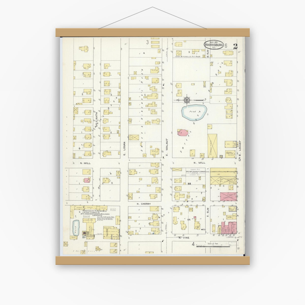 Old map wall art mockup — magnetic wood frame on white wall — Sanborn Fire Insurance Map from Harrisburg, Saline County, Illinois (1913), Sheet #0002