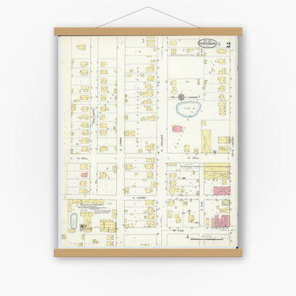 Old map wall art mockup — magnetic wood frame on white wall — Sanborn Fire Insurance Map from Harrisburg, Saline County, Illinois (1913), Sheet #0002