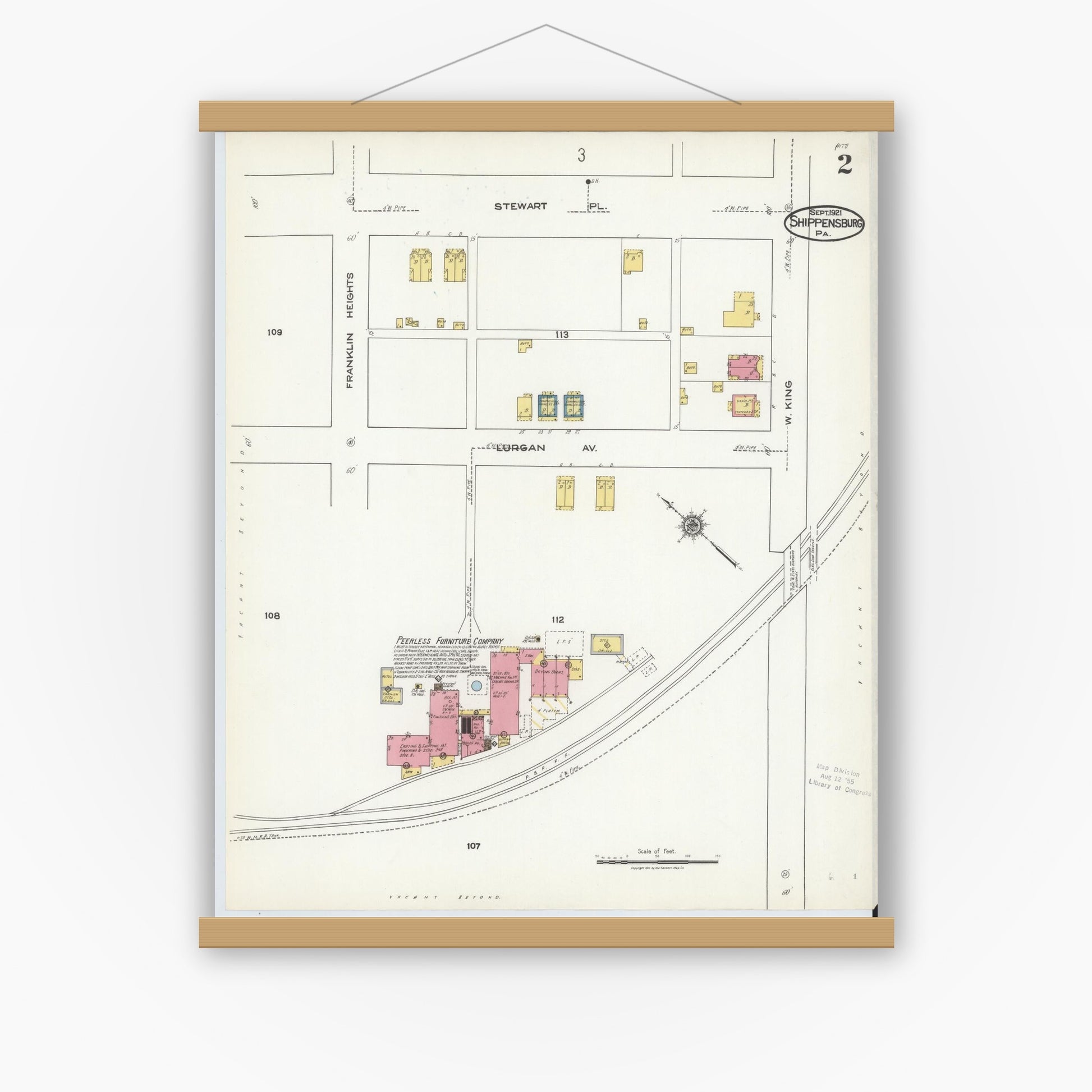 Old map wall art mockup — magnetic wood frame on white wall — Sanborn Fire Insurance Map from Shippensburg, Cumberland And Franklin Counties, Pennsylvania (1921), Sheet #0002