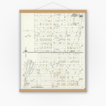 Old map wall art mockup — magnetic wood frame on white wall — Sanborn Fire Insurance Map from Denison, Grayson County, Texas (1914), Sheet #0030