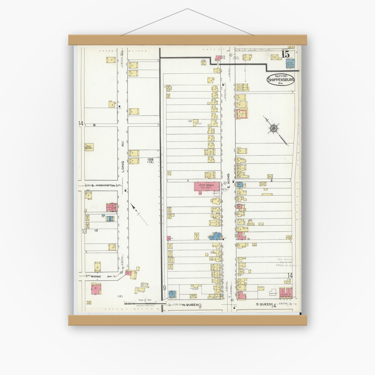 Old map wall art mockup — magnetic wood frame on white wall — Sanborn Fire Insurance Map from Shippensburg, Cumberland And Franklin Counties, Pennsylvania (1921), Sheet #0015
