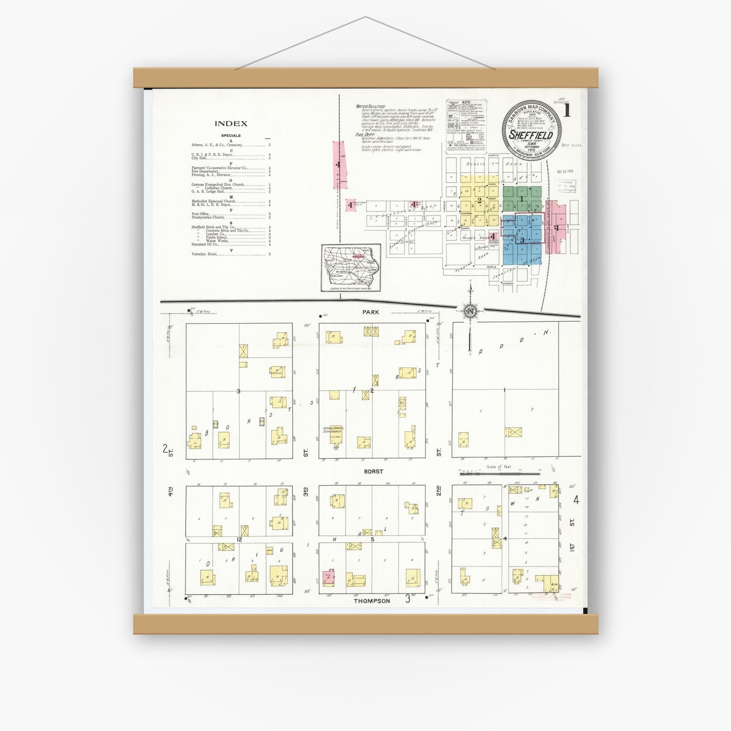 Old map wall art mockup — magnetic wood frame on white wall — Sanborn Fire Insurance Map from Sheffield, Franklin County, Iowa (1916) â€” Complete Set