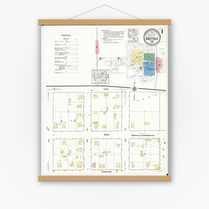 Old map wall art mockup — magnetic wood frame on white wall — Sanborn Fire Insurance Map from Sheffield, Franklin County, Iowa (1916) â€” Complete Set