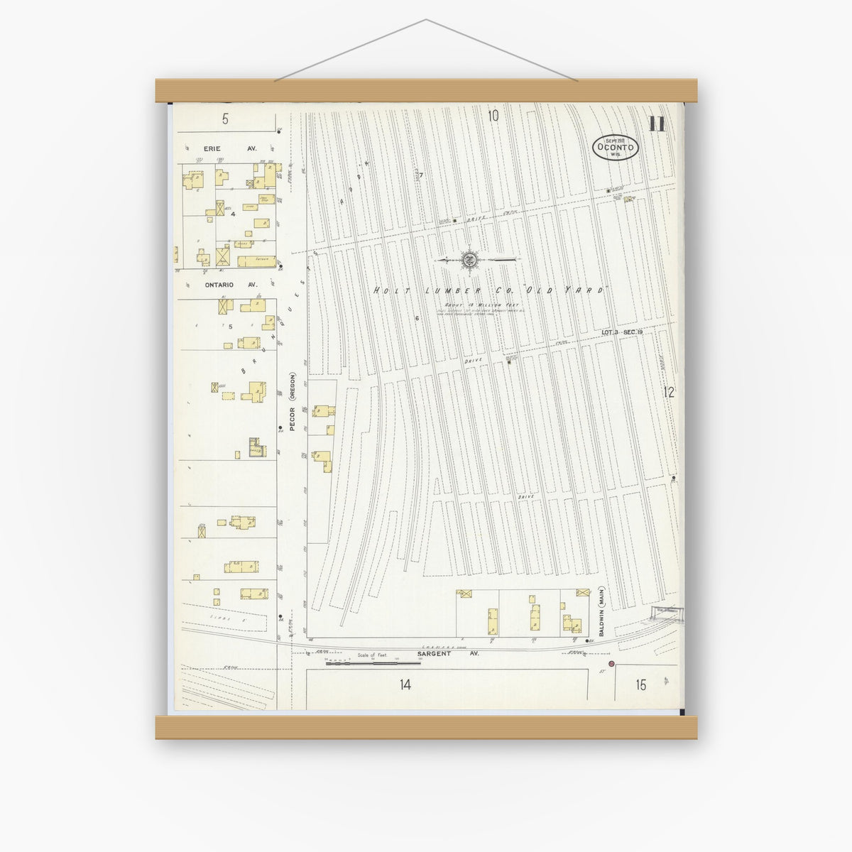 Old map wall art mockup — magnetic wood frame on white wall — Sanborn Fire Insurance Map from Oconto, Oconto County, Wisconsin (1911), Sheet #0011
