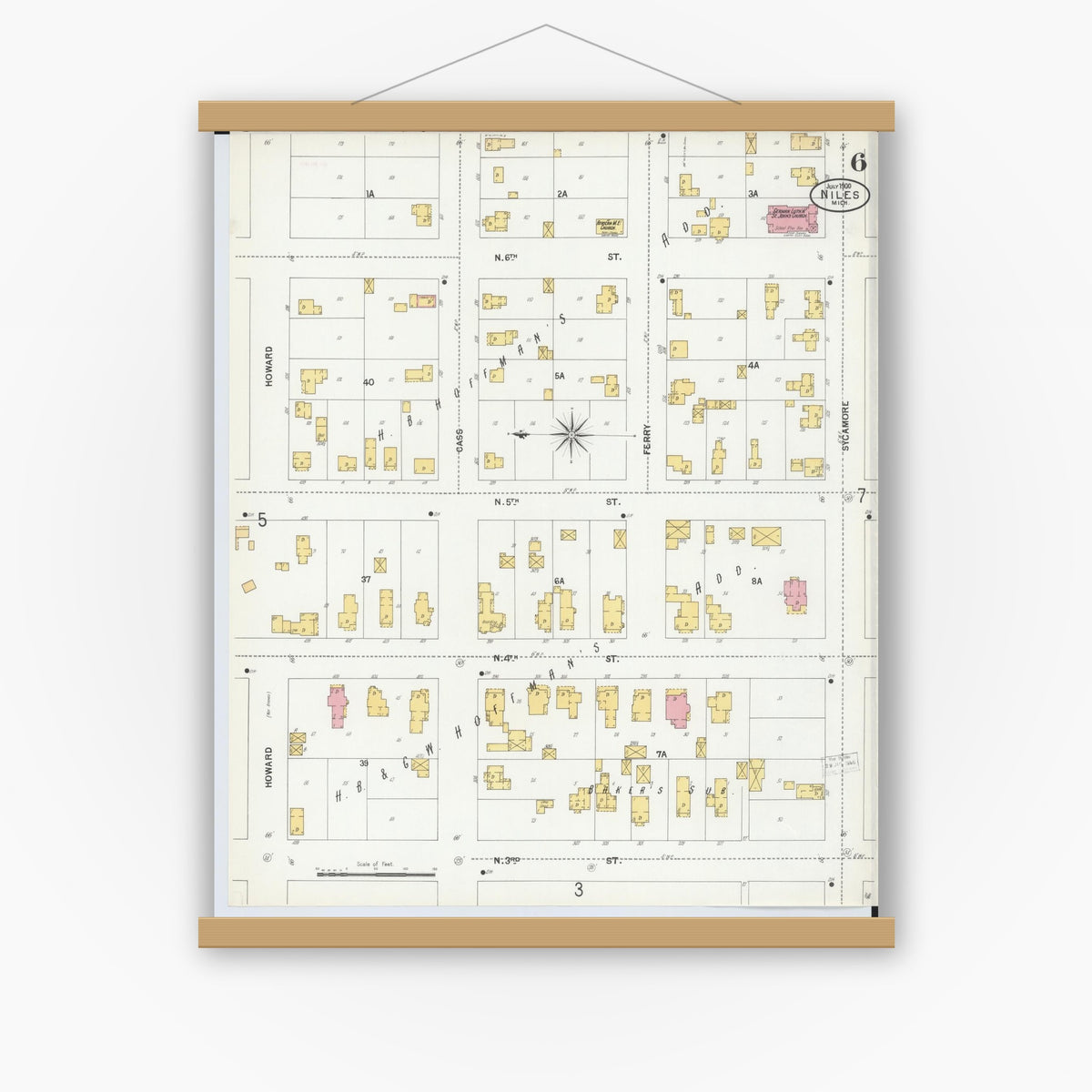 Old map wall art mockup — magnetic wood frame on white wall — Sanborn Fire Insurance Map from Niles, Berrien County, Michigan (1900), Sheet #0006