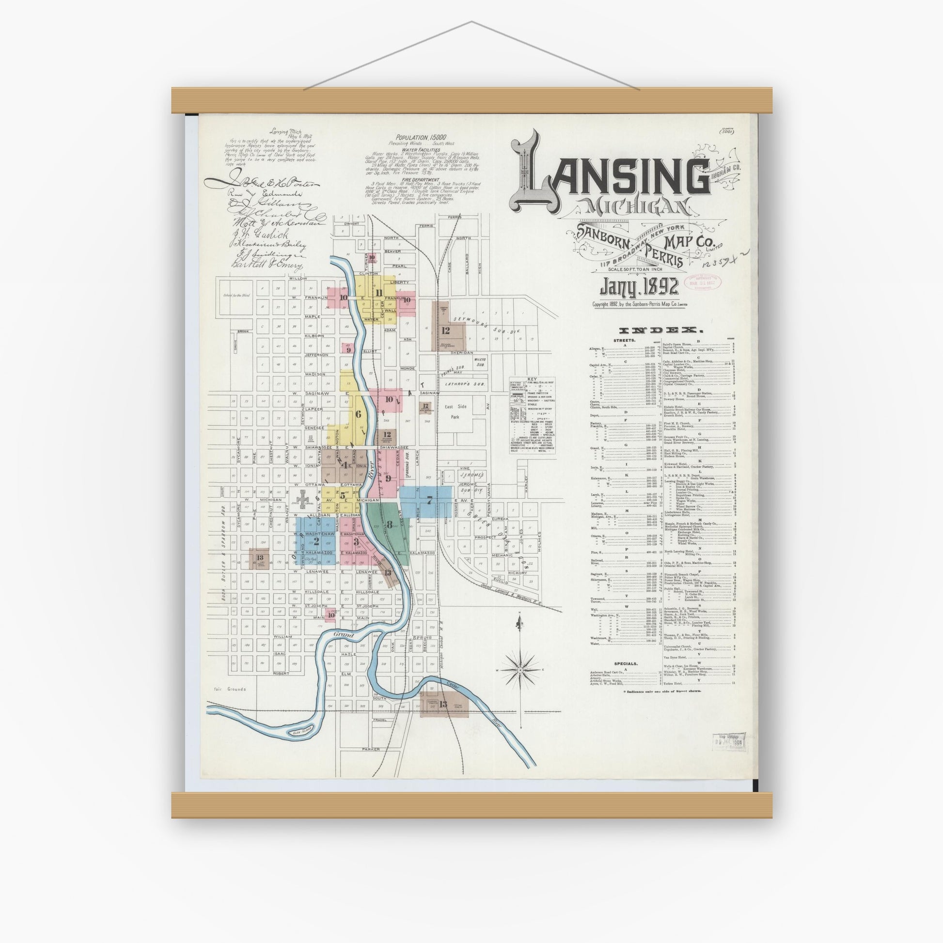 Old map wall art mockup — magnetic wood frame on white wall — Sanborn Fire Insurance Map from Lansing, Ingham County, Michigan (1892) - Complete Map Set